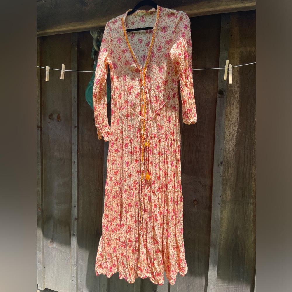 Poupette St. Barth Pink and Orange Tiered Sundress with Bishop Sleeves